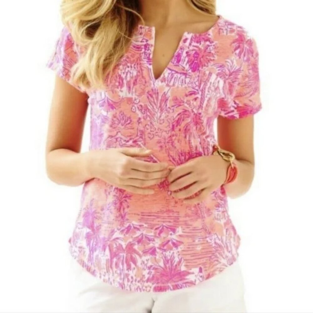 Lilly Pulitzer Duval Linen Tee Size S‎ Cheeky Melon Preppy Tropical Vacation